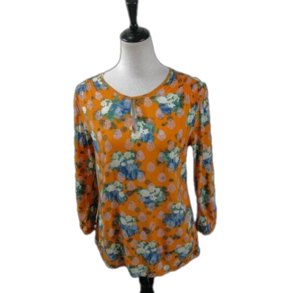 Crosby Orange/Blue Floral Pull Over 3/4 Sleeve Blouse Size Small - Picture 1 of 7